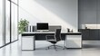 © Julia - A modern office desk with a laptop, monitor, and plant. sleek, minimal design features open space, technology and productivity. room is empty, offering a clean and organized workspace