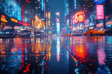 Wall Mural - ethereal downtown metropolis with luminous neon reflections on rainsoaked streets at night featuring towering glass buildings and floating holographic advertisements