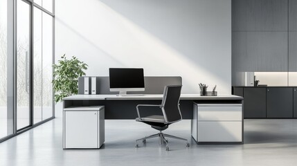 Wall Mural - a modern office desk with a laptop, monitor, and plant. sleek, minimal design features open space, t