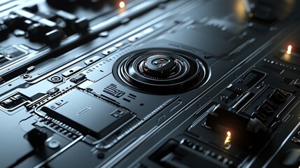 Poster - Futuristic circuit board showing complex electronic components and wiring