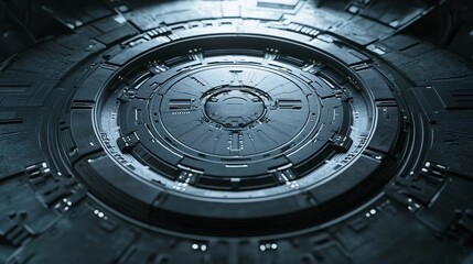 Poster - Futuristic metallic circular gate opening on a technological surface