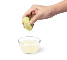 Canvas Print - Hand squeezing lime isolated on white background