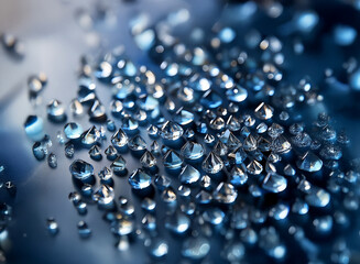 Poster - Close-up view of numerous sparkling,faceted gemstones scattered on a dark, reflective surface.  The gems display varying sizes and catch the light, creating a dazzling display.