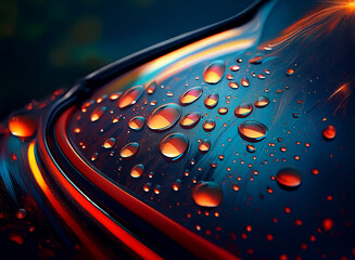 Poster - Close-up of water droplets on a dark, curved surface with vibrant orange and red highlights.  The lighting creates a dramatic, almost abstract effect.