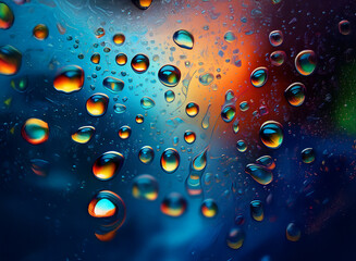 Poster - Vibrant, multicolored water droplets cling to a dark, glass surface.  The background glows with a warm, hazy light, creating a mesmerizing, abstract effect.