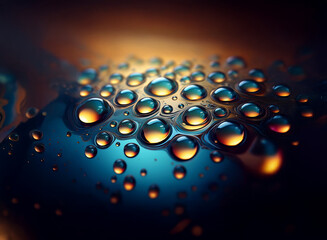 Poster - Close-up of water droplets on a reflective surface.  Illuminated with warm and cool tones, creating a vibrant, abstract image.  The droplets vary in size and shape.