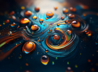 Poster - Abstract image of swirling, vibrant colors with glistening droplets of liquid.  The colors blend into a mesmerizing pattern, illuminated from above.