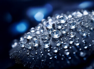 Poster - Glistening diamonds and water droplets rest on a dark, smooth surface.  The image is dramatically lit, highlighting the sparkle and facets of the gems.