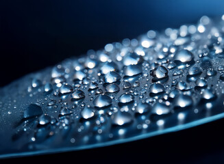 Fototapete - Close-up of water droplets on a dark, smooth surface.  The droplets vary in size and reflect light, creating a glistening effect.  The background is blurred, focusing attention on the water's texture.
