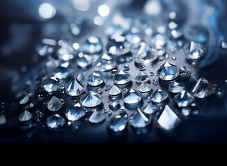 Poster - Sparkling diamonds, wet and glistening, scattered on a dark, reflective surface.  The bokeh effect adds to the luxurious feel.
