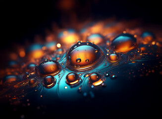 Poster - Close-up view of iridescent water droplets on a dark surface, illuminated with warm and cool light, creating a vibrant, abstract pattern.