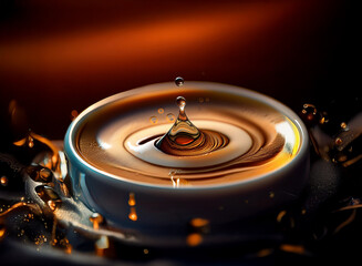 Poster - A droplet falls into a shallow bowl of liquid, creating concentric ripples and dynamic splashes.  The warm lighting enhances the rich, brown tones and textures.