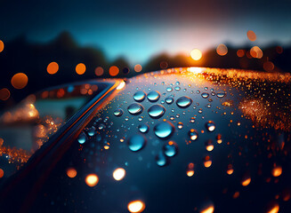 Poster - Close-up of water droplets on a dark, glossy surface at sunset.  Bokeh lights blur in the background, creating a moody atmosphere.