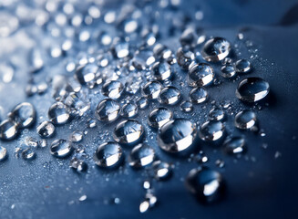 Poster - Close-up view of numerous water droplets on a dark surface.  The droplets vary in size and exhibit high reflectivity, creating a glistening effect.  The background is a deep, blurry blue.