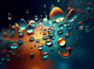 Poster - Vibrant, iridescent droplets of liquid coalesce and disperse on a dark, reflective surface.  The interplay of light creates a mesmerizing, abstract scene.