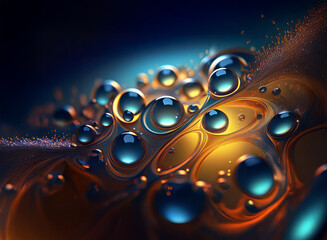 Fototapete - Intricate abstract artwork featuring luminous spheres and swirling, luminous organic forms in deep blue, teal, and golden hues.  The image evokes a sense of depth and fluidity.