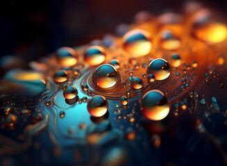 Poster - Close-up of water droplets on a surface, illuminated with warm and cool colors, creating abstract patterns and reflections.  The interplay of light and water forms mesmerizing spheres.