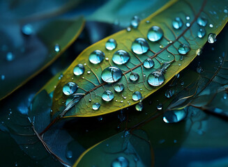 Poster - Close-up of vibrant green and blue leaves glistening with dew drops.  The image showcases the intricate leaf veins and the reflective quality of the water droplets.