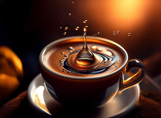 Poster - A drop of liquid falls into a cup of coffee, creating a beautiful splash and ripple effect.  Warm lighting enhances the rich brown tones.