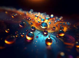 Poster - Vibrant, iridescent water droplets scattered across a swirling, abstract surface.  Colors range from deep blues and purples to fiery oranges and golds, creating a mesmerizing, almost cosmic scene.