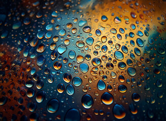 Fototapete - Close-up view of water droplets on a surface, illuminated with vibrant, warm and cool colors, creating a colorful abstract pattern. The droplets vary in size and shape, showcasing  light refraction.