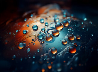 Fototapete - Close-up view of water droplets on a dark, reflective surface.  Vibrant orange and blue hues create an abstract, almost cosmic, effect.  The droplets vary in size and shine with highlights.