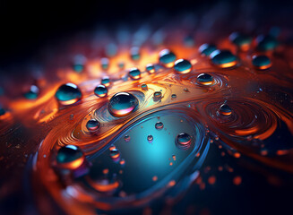 Fototapete - Intricate swirls of vibrant orange and teal create a mesmerizing abstract landscape, adorned with glistening water droplets.  The scene evokes a sense of depth and mystery.