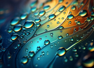 Aufkleber - Close-up of water droplets on a vibrant, multicolored surface.  The droplets vary in size and create a mesmerizing, abstract pattern of teal, orange, and gold.