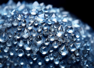 Fototapete - Close-up of a dark blue surface densely covered with glistening,faceted water droplets, resembling precious gemstones.  The droplets vary in size, creating a textured, jewel-like effect.