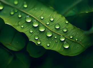 Poster - Close-up of a vibrant green leaf glistening with numerous water droplets, showcasing the intricate details of its surface and the play of light on the water.