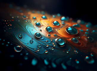 Fototapete - Intricate swirls of teal and amber paint, speckled with glistening water droplets, create a mesmerizing abstract macro.  The interplay of light and shadow enhances the three-dimensional effect.