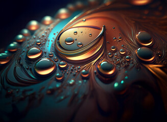 Poster - Close-up view of iridescent, metallic-looking liquid with water droplets.  The surface displays swirling patterns and varying shades of teal, copper, and gold.