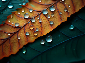 Poster - Close-up of dew drops on autumn leaves, vibrant orange and deep teal hues contrasting beautifully.  The intricate leaf veins are highlighted by the water droplets.