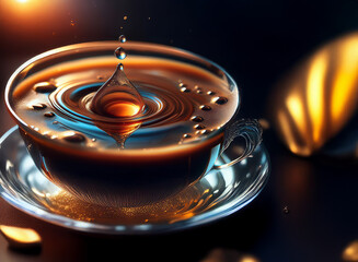 Poster - A close-up of a glass cup of coffee with a droplet splashing into it, creating concentric ripples.  The scene is dark and dramatic, with warm lighting highlighting the coffee.