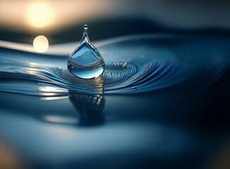 Aufkleber - A single water droplet hangs poised above a serene, rippling surface, reflecting a warm sunset.  The scene evokes a sense of calm and natural beauty.