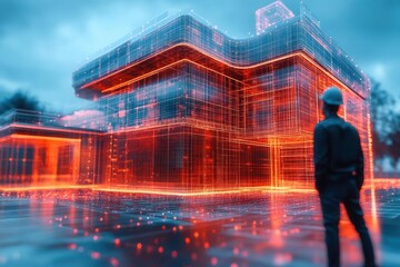 Wall Mural - futuristic architecture blueprint digital construction engineering visualization with holographic elements and professional team silhouettes