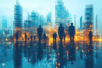 Wall Mural - futuristic architecture blueprint digital construction engineering visualization with holographic elements and professional team silhouettes