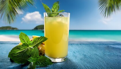 Wall Mural - Refreshing Pineapple Mint Drink on Tropical Beach