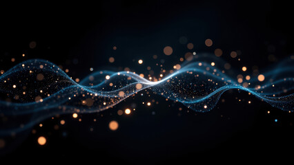 abstract background with swirling light effects and bokeh flares on a dark canvas.