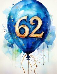 Blue birthday / anniversary balloon, number 62, watercolor painting with white background