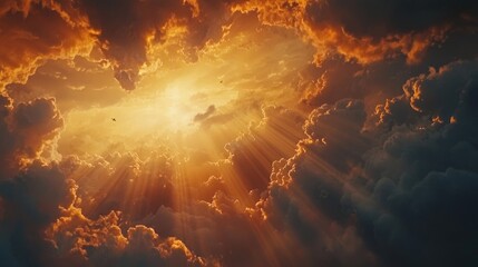 Wall Mural - Heavenly Golden Rays: A breathtaking view of sunbeams piercing through dramatic cloudscape at sunset.