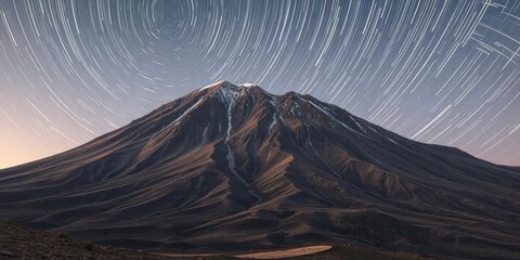 El Teide's majestic peak, star trails arc across the night sky, starry night,astro,scenic