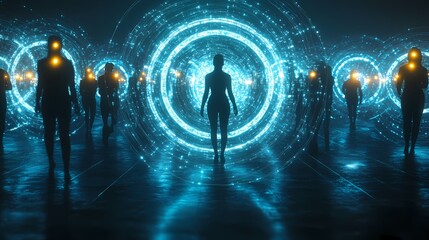 Silhouettes of Individuals Walking Towards a Glowing Circular Portal