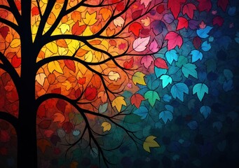 Wall Mural - Vibrant tree artwork showcasing colorful autumn leaves in artistic design