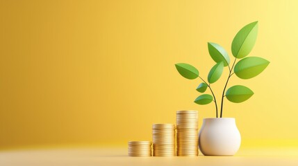 Wall Mural - A potted plant next to a stack of coins symbolizes growth, prosperity, and financial investment against a bright yellow backdrop.