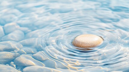 Poster - Concentric ripples expanding on a transparent lake surface with a stone gently disturbing the calm water and underlying pebbles visible beneath the surface