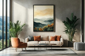 Wall Mural - Frame mockup for stylish living room wall decor. Modern interior design inspiration with contemporary backdrop and elegant styling. Ideal for home decoration and art display ideas