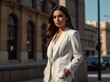 © Vectorhub by ice - Elegant Woman in White Suit  City Street  Fashion Model