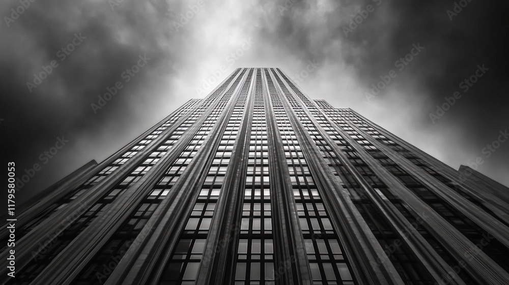 dramatic black and white view of towering skyscraper reaching into ...