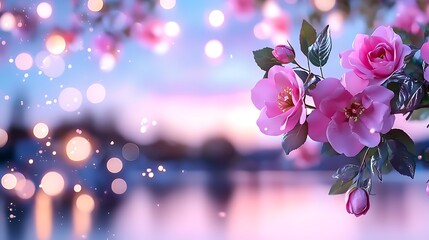 Wall Mural - Pink flowers blooming at sunset, bokeh background.